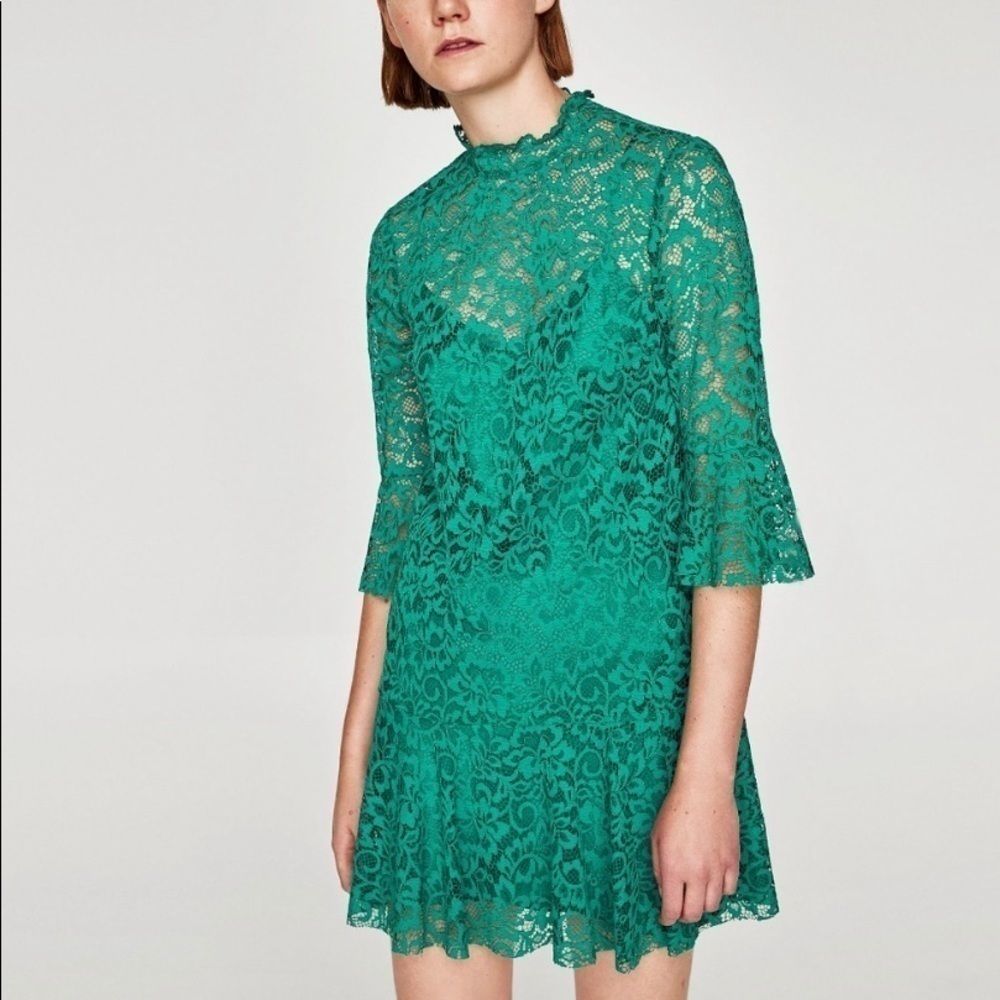 Zara Flower Patterns Party Style Lace Dress green